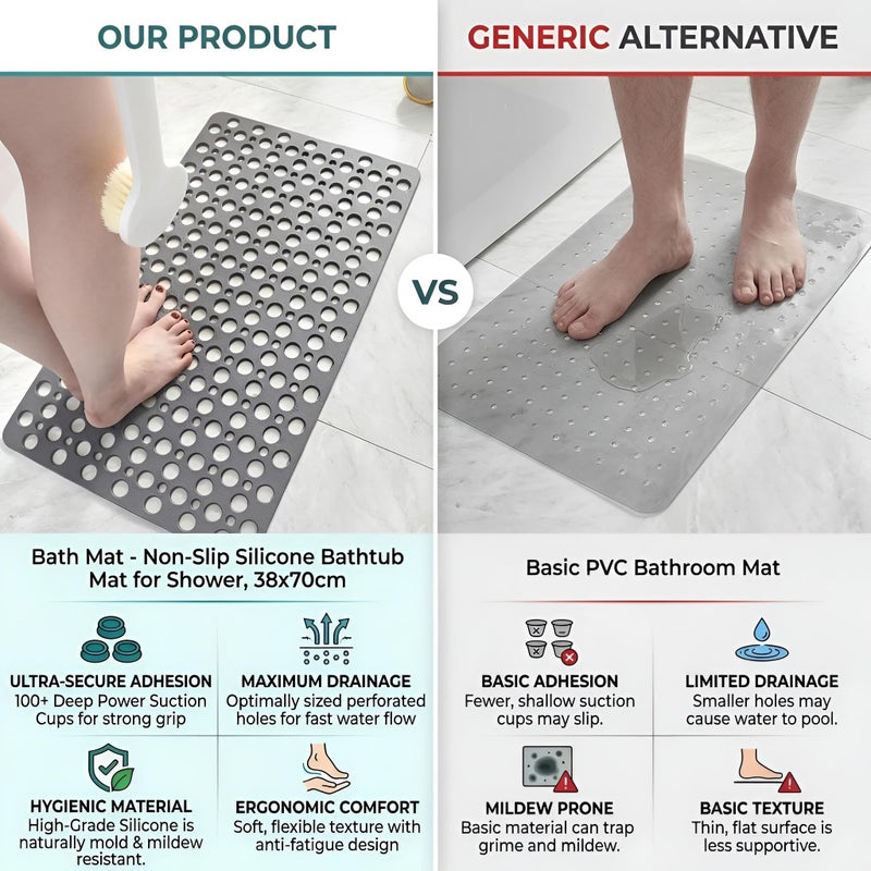 Silicone Mat - Non-Slip Bathtub Shower Mat, 38x70cm (gray) - Image 5
