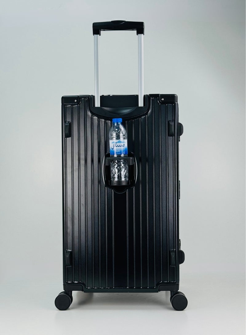 SAW & SEE Light Weight Aluminum Frame Fashion Trolley Luggage Unbreakable Polycarbonate Strong Hard Case Checked Luggage with Dual TSA approved and 4 Quite 360° Double wheels and Cup Holder with free protection Cover (Checked Luggage 30-Inch, Black) - Image 3