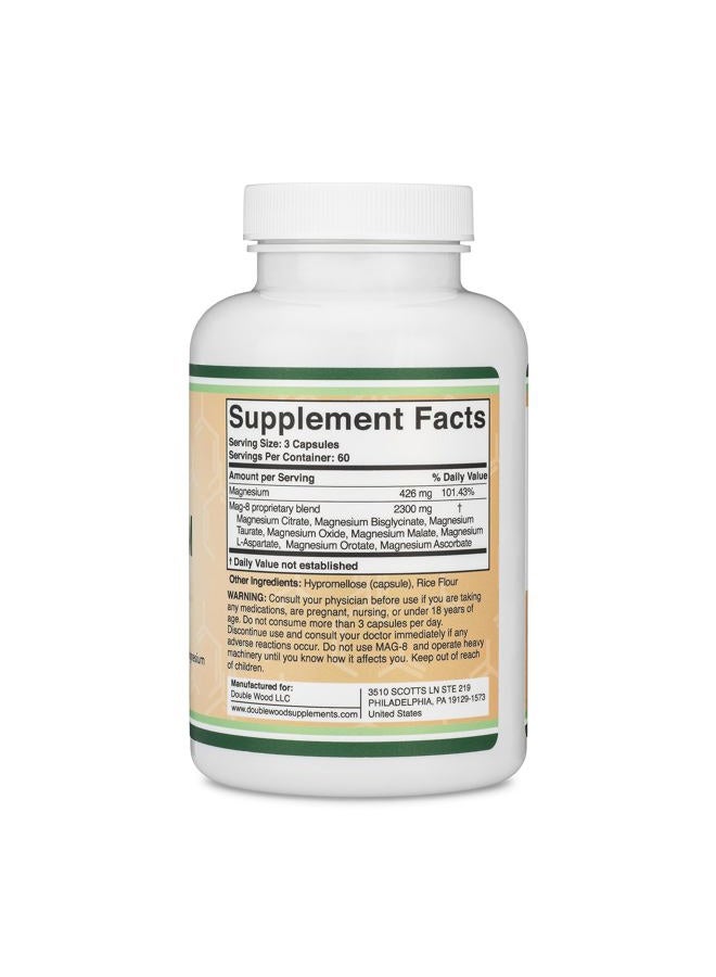 Double Wood Supplements مكمل مركب المغنيسيوم 180 كبسولة (436 ملغ مغنيسيوم عنصري مقدمة من 2,300 ملغ من ثمانية أشكال مختلفة من المغنيسيوم) MAG-8 يوفر 100% من القيمة اليومية الموصى بها من المغنيسيوم من دابل وود - Image 2