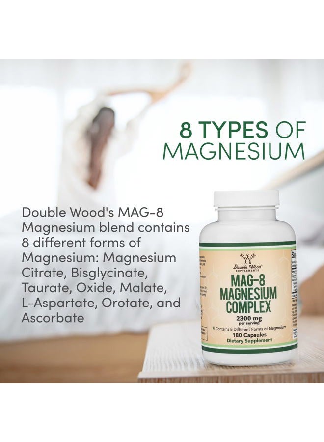 Double Wood Supplements مكمل مركب المغنيسيوم 180 كبسولة (436 ملغ مغنيسيوم عنصري مقدمة من 2,300 ملغ من ثمانية أشكال مختلفة من المغنيسيوم) MAG-8 يوفر 100% من القيمة اليومية الموصى بها من المغنيسيوم من دابل وود - Image 5