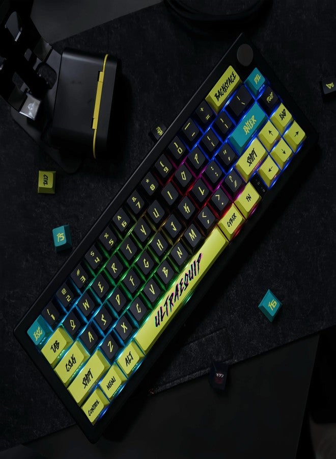 أغطية مفاتيح ULTRAEQUIP PBT، طراز Cyberpunk، لامعة من الجانب، مطبوعة على شكل Cherry سميك، 130 مفتاحًا، مجموعة مخصصة بتقنية الصبغ الحراري، متوافقة مع لوحات المفاتيح الميكانيكية ISO ANSI 60 و65 و75 و100% - Cyber Lemon v2 - Image 5