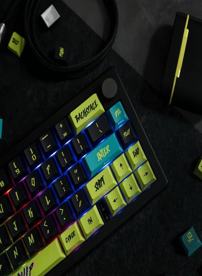أغطية مفاتيح ULTRAEQUIP PBT، طراز Cyberpunk، لامعة من الجانب، مطبوعة على شكل Cherry سميك، 130 مفتاحًا، مجموعة مخصصة بتقنية الصبغ الحراري، متوافقة مع لوحات المفاتيح الميكانيكية ISO ANSI 60 و65 و75 و100% - Cyber Lemon v2 - Image 3