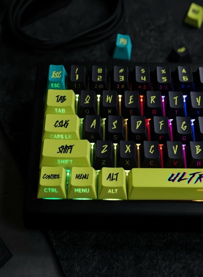 أغطية مفاتيح ULTRAEQUIP PBT، طراز Cyberpunk، لامعة من الجانب، مطبوعة على شكل Cherry سميك، 130 مفتاحًا، مجموعة مخصصة بتقنية الصبغ الحراري، متوافقة مع لوحات المفاتيح الميكانيكية ISO ANSI 60 و65 و75 و100% - Cyber Lemon v2 - Image 2