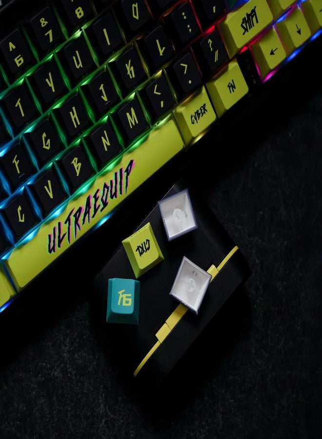 أغطية مفاتيح ULTRAEQUIP PBT، طراز Cyberpunk، لامعة من الجانب، مطبوعة على شكل Cherry سميك، 130 مفتاحًا، مجموعة مخصصة بتقنية الصبغ الحراري، متوافقة مع لوحات المفاتيح الميكانيكية ISO ANSI 60 و65 و75 و100% - Cyber Lemon v2 - Image 4