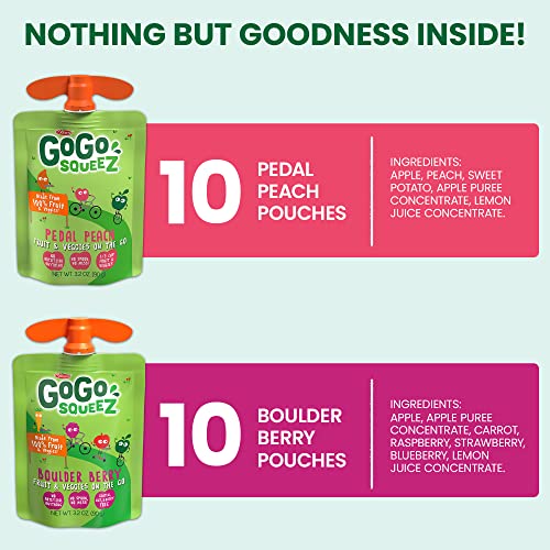 GoGo squeeZ Fruit & veggieZ Applesauce and Puree Variety Pack, Pedal Peach and Boulder Berry, 3.2 oz (Pack of 20), Unsweetened Snacks for Kids, BPA Free Pouches (Packaging May Vary) - Image 2