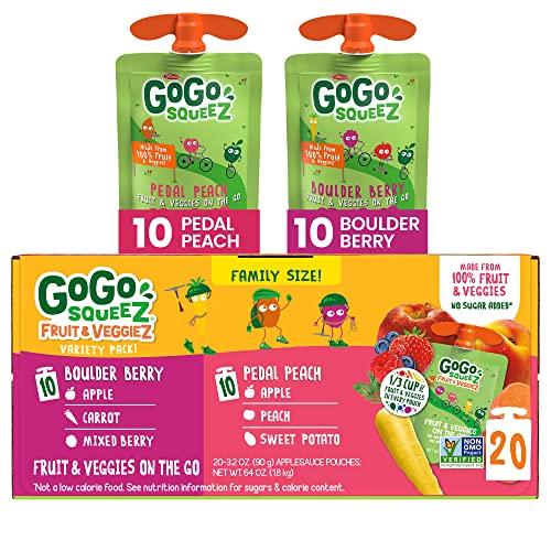 GoGo squeeZ Fruit & veggieZ Applesauce and Puree Variety Pack, Pedal Peach and Boulder Berry, 3.2 oz (Pack of 20), Unsweetened Snacks for Kids, BPA Free Pouches (Packaging May Vary) - Image 1