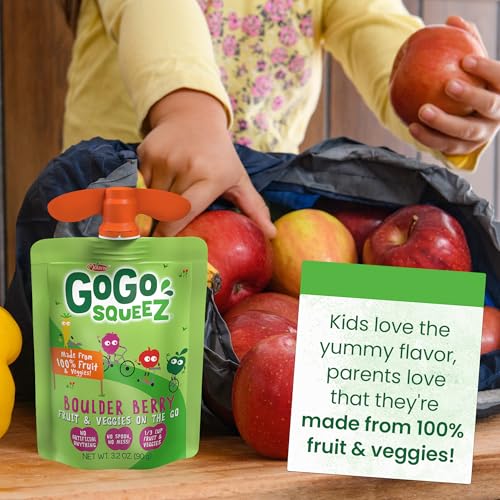 GoGo squeeZ Fruit & veggieZ Applesauce and Puree Variety Pack, Pedal Peach and Boulder Berry, 3.2 oz (Pack of 20), Unsweetened Snacks for Kids, BPA Free Pouches (Packaging May Vary) - Image 5