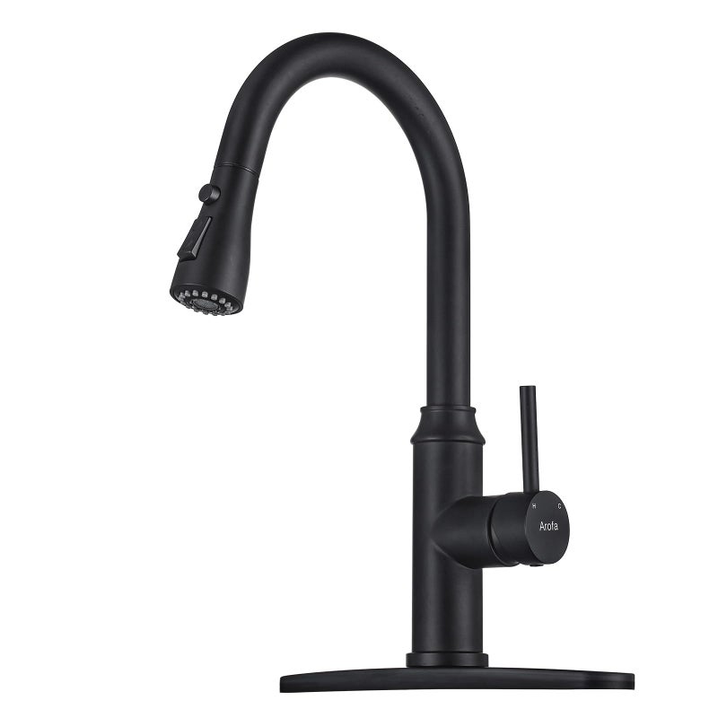 Matte Black Kitchen Faucet with Pull Down Spayer Arofa Single Handle Pull Out Kitchen Sink Faucet with Sprayer Solid Brass Commercial Faucet for Kitchen Sink RV Outdoor Laundry Utility Room Sink