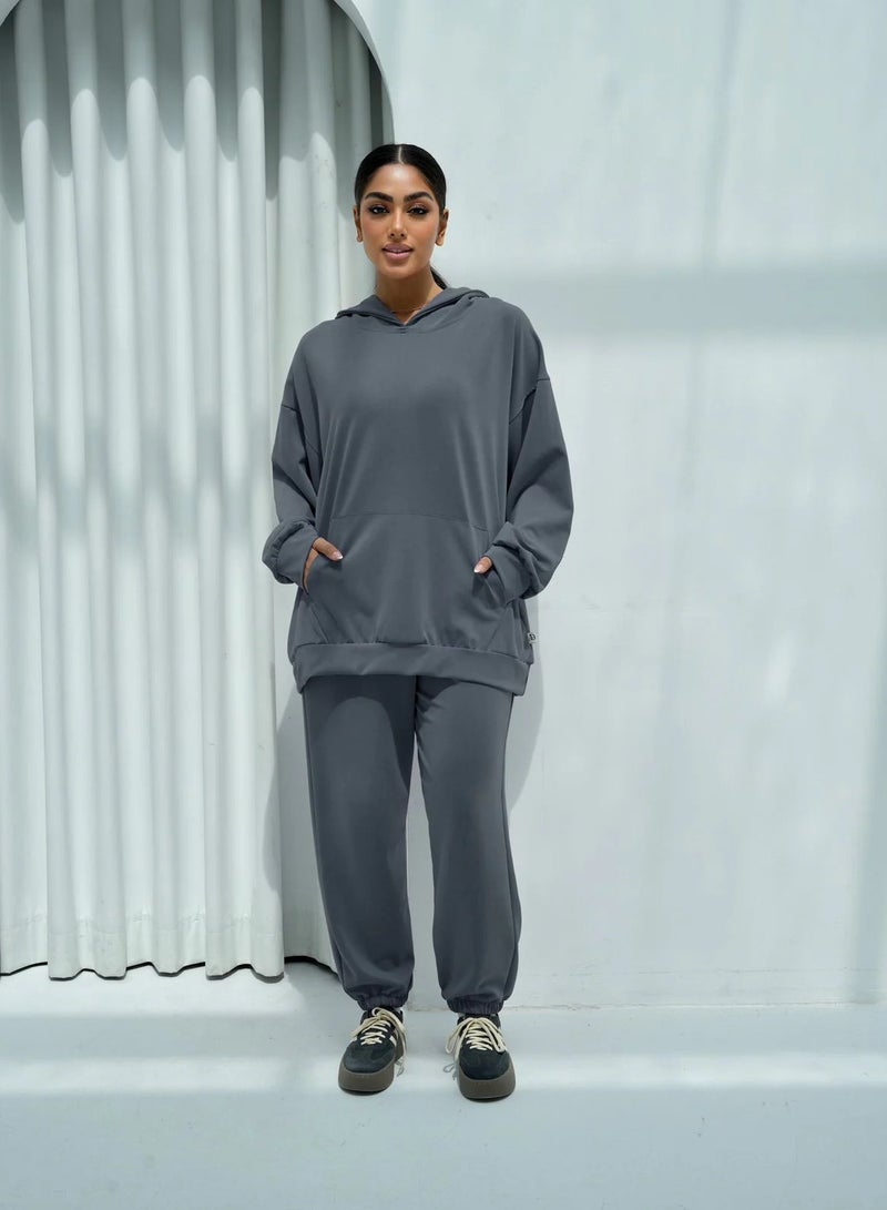 Andy 6616 | Women's Cotton Oversized Two-Piece Hoodie Set Relaxed Fit Hoodie with Front Pocket and Jogger Pants | Dark Grey 