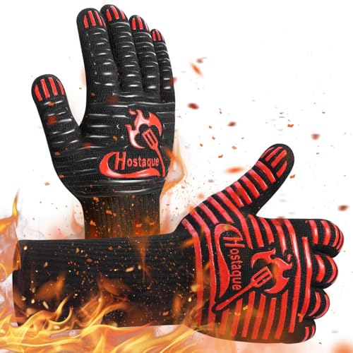 Hostaque Grilling Gloves 1472℉ Extreme Heat Resistant, Grill BBQ Gloves for Men, Silicone Non-Slip Kitchen Oven Mitts, Hot Cooking Oven Gloves for Grilling, Frying, Baking, Welding, Fireplace, 14 Inch - Image 1
