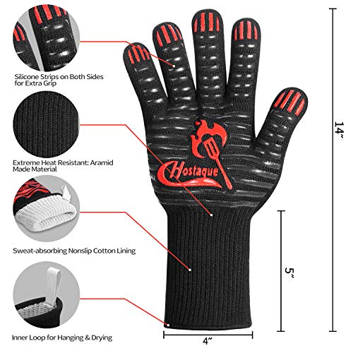 Hostaque Grilling Gloves 1472℉ Extreme Heat Resistant, Grill BBQ Gloves for Men, Silicone Non-Slip Kitchen Oven Mitts, Hot Cooking Oven Gloves for Grilling, Frying, Baking, Welding, Fireplace, 14 Inch - Image 2