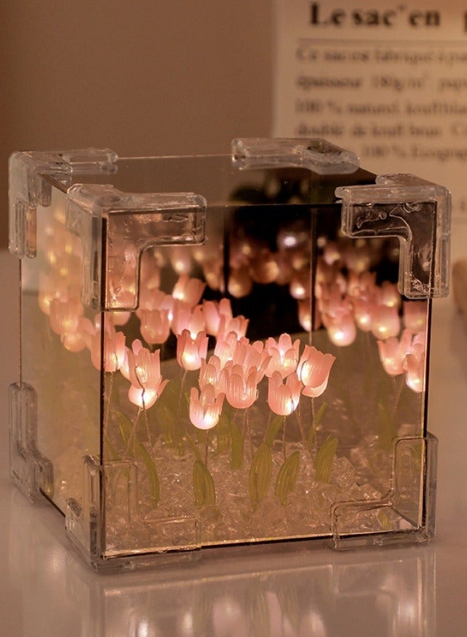 أف بي سي 22 زهرة LED توليب مكعب مرآة المصباح - 2 في 1 طاولة ديكور ومرايا الجدار لغرفة النوم وغرفة المعيشة وديكور المكتب - فكرة هدية إبداعية للمرأة والمنزل (أبيض / وردي) - Image 3