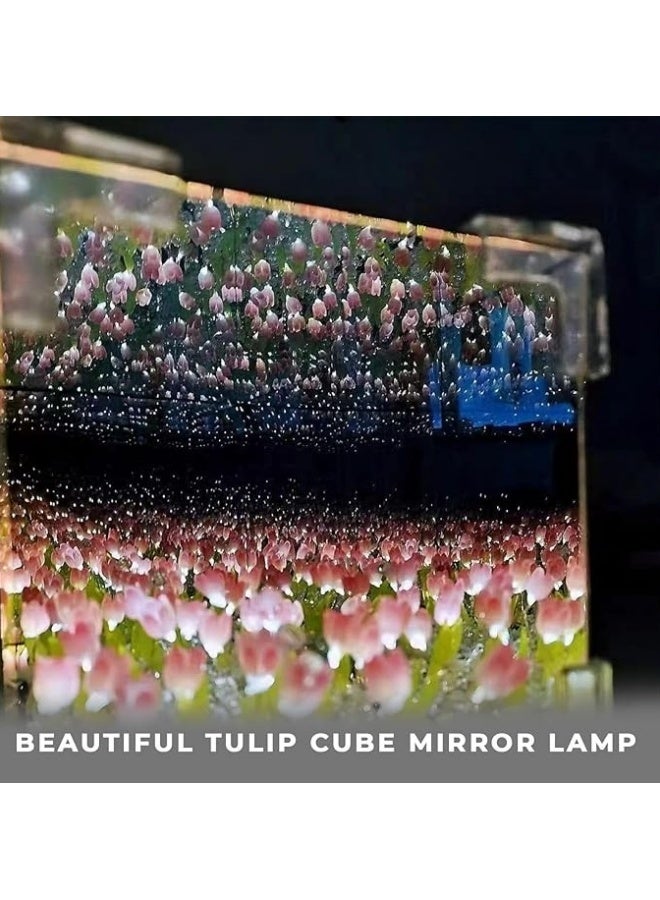 أف بي سي 22 زهرة LED توليب مكعب مرآة المصباح - 2 في 1 طاولة ديكور ومرايا الجدار لغرفة النوم وغرفة المعيشة وديكور المكتب - فكرة هدية إبداعية للمرأة والمنزل (أبيض / وردي) - Image 4