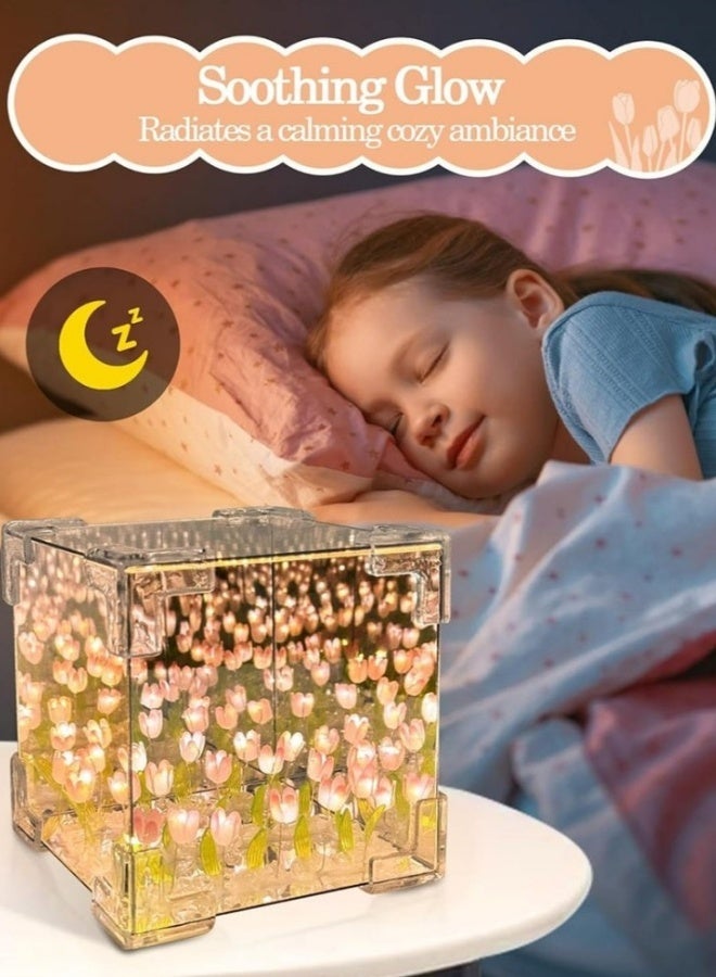 أف بي سي 22 زهرة LED توليب مكعب مرآة المصباح - 2 في 1 طاولة ديكور ومرايا الجدار لغرفة النوم وغرفة المعيشة وديكور المكتب - فكرة هدية إبداعية للمرأة والمنزل (أبيض / وردي) - Image 5