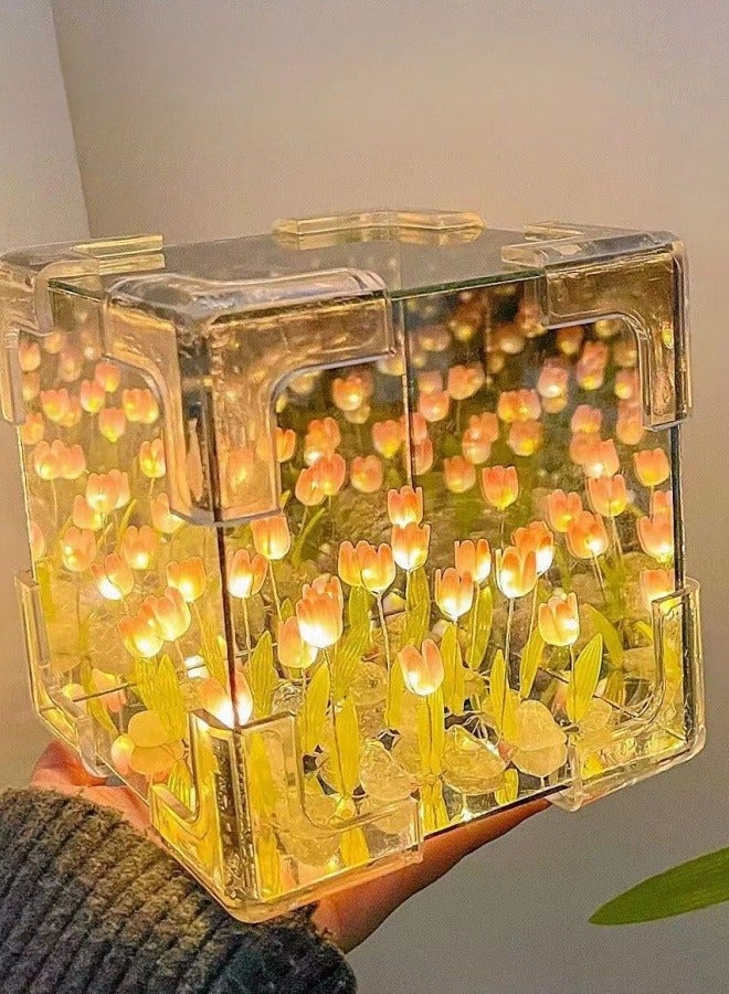 أف بي سي 22 زهرة LED توليب مكعب مرآة المصباح - 2 في 1 طاولة ديكور ومرايا الجدار لغرفة النوم وغرفة المعيشة وديكور المكتب - فكرة هدية إبداعية للمرأة والمنزل (أبيض / وردي) - Image 2