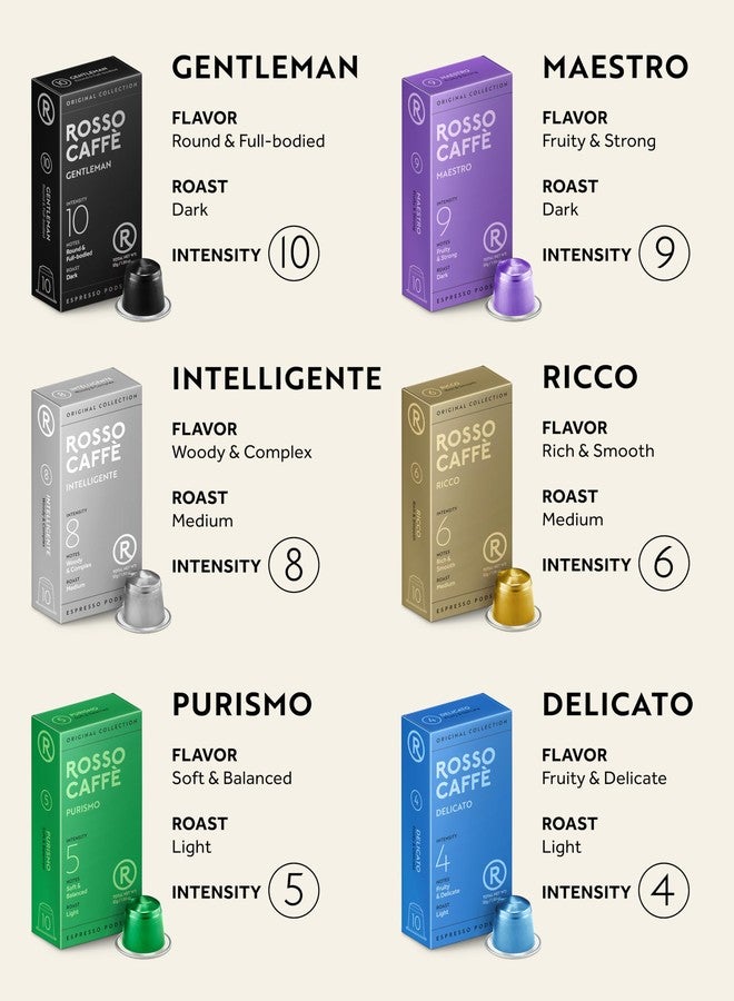 ROSSO CAFFÈ 60 Espresso Coffee Pods for Nespresso Original Machines - Premium Capsule Sampler Variety Pack 6 Flavors, Rich Breakfast to Intense Roasts - Image 3