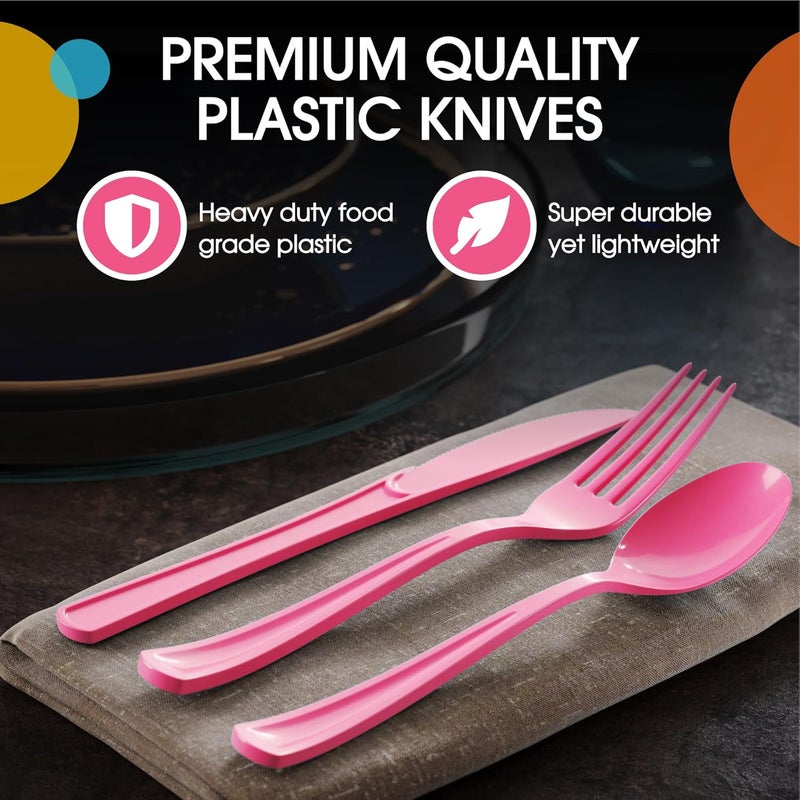 Exquisite Disposable Hot Pink Plastic Knives 50 Pcs - Heavy Duty Disposable Cutlery - Hot Pink Plastic Silverware - Image 4