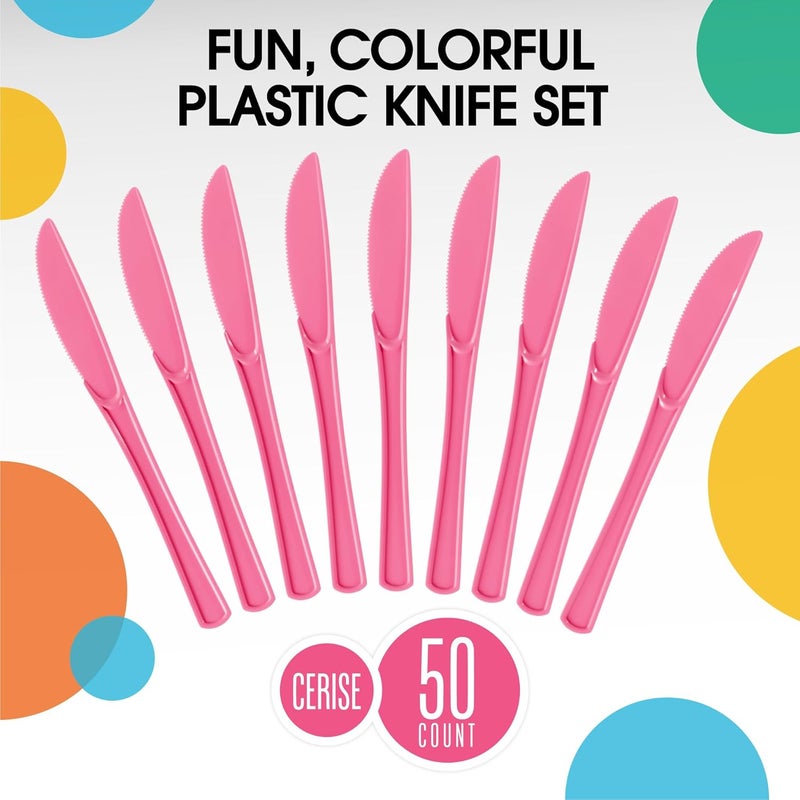 Exquisite Disposable Hot Pink Plastic Knives 50 Pcs - Heavy Duty Disposable Cutlery - Hot Pink Plastic Silverware - Image 3