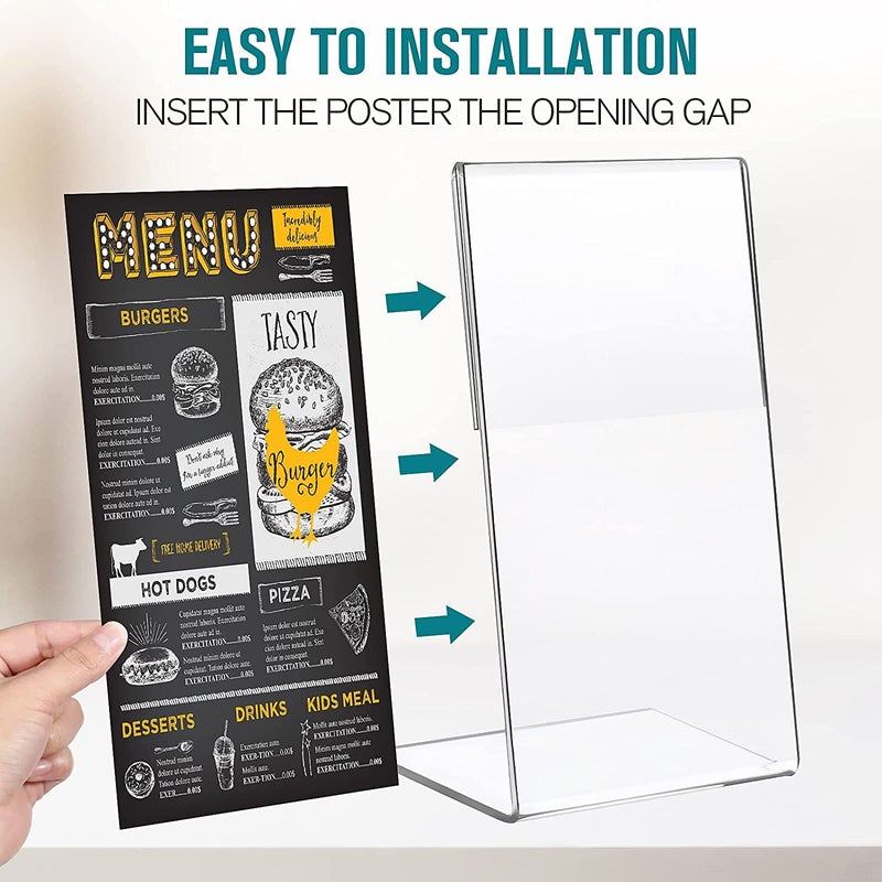 Shuban Acrylic Sign Holder L Shape - 5 x 7 Inches Clear Photo Frames - Collage Frames, Flyer Display - Vertical Slanted Back Stand Up Sign Holder for Office Desktop, Photo, Menu - Pack of 10 - Image 3