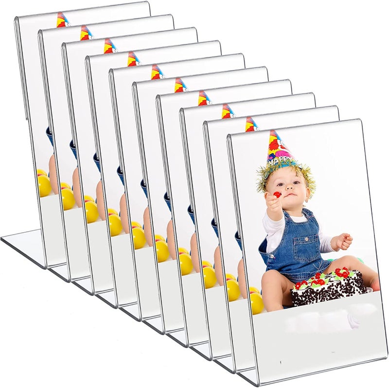 Shuban Acrylic Sign Holder L Shape - 5 x 7 Inches Clear Photo Frames - Collage Frames, Flyer Display - Vertical Slanted Back Stand Up Sign Holder for Office Desktop, Photo, Menu - Pack of 10 - Image 1