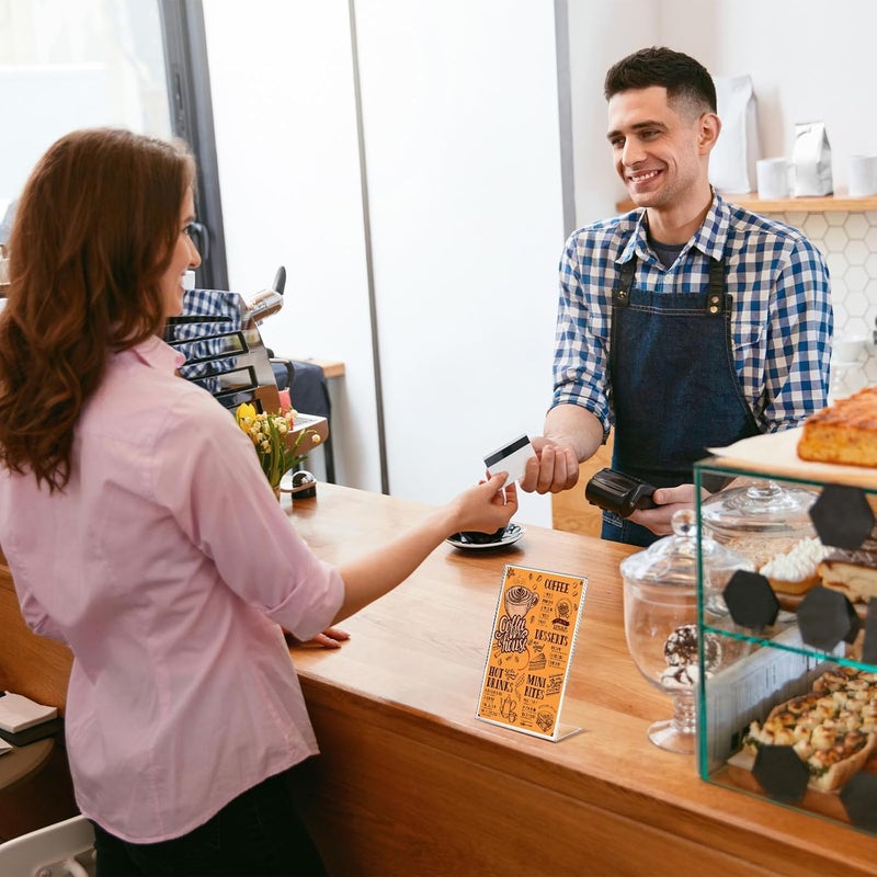 Shuban Acrylic Sign Holder L Shape - 5 x 7 Inches Clear Photo Frames - Collage Frames, Flyer Display - Vertical Slanted Back Stand Up Sign Holder for Office Desktop, Photo, Menu - Pack of 10 - Image 4