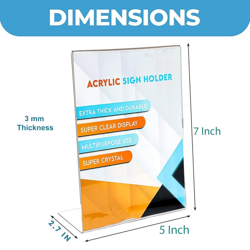 Shuban Acrylic Sign Holder L Shape - 5 x 7 Inches Clear Photo Frames - Collage Frames, Flyer Display - Vertical Slanted Back Stand Up Sign Holder for Office Desktop, Photo, Menu - Pack of 10 - Image 2