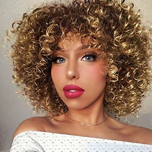 Onpep Afro Curly Wigs for Black Women Short Shoulder Length Kinky Wig with Bangs Brown Mixed Blonde Heat Resistant Wigs - Image 1