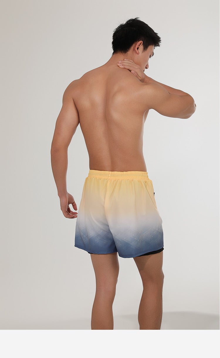 Men's Gradient Yellow and Gray Quick-Dry Double-Layer Zipper Swim Trunks, Beach Shorts - Image 2