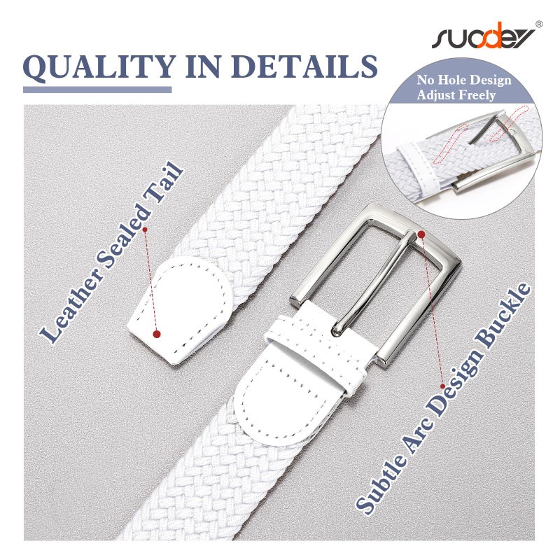 SUOSDEY Elastic Fabric Braided Belts for Men, Stretch Woven Belts for Golf Casual Jeans Shorts,white - Image 3