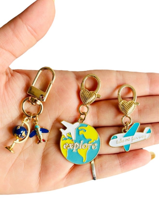 TraveEssentialz 3 pc Pack Metal Travel Keychain Globe Airplane | Bag Hanging Charm Pendant Souvenir | Women's Day Travel Gift for Girls | Travel Lover - Image 2