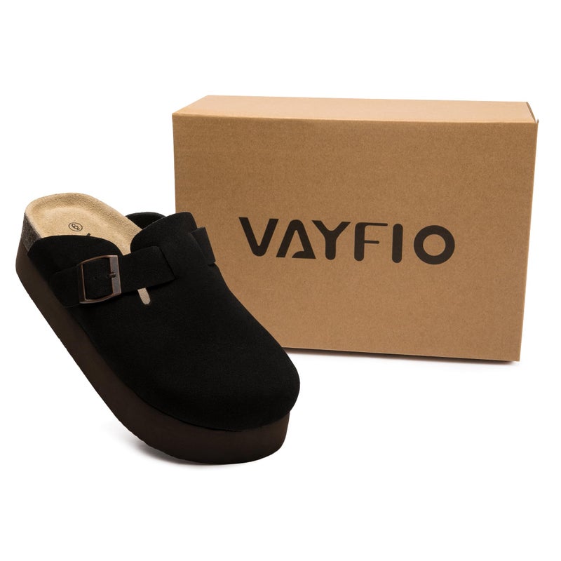 Vayfio Women's Suede Clogs Cork Footbed Sandals Comfort Platform Mules with Arch Support Adjustable Buckle Slip On Slippers Black US 09 - Image 3