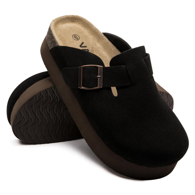 Vayfio Women's Suede Clogs Cork Footbed Sandals Comfort Platform Mules with Arch Support Adjustable Buckle Slip On Slippers Black US 09 - Image 4