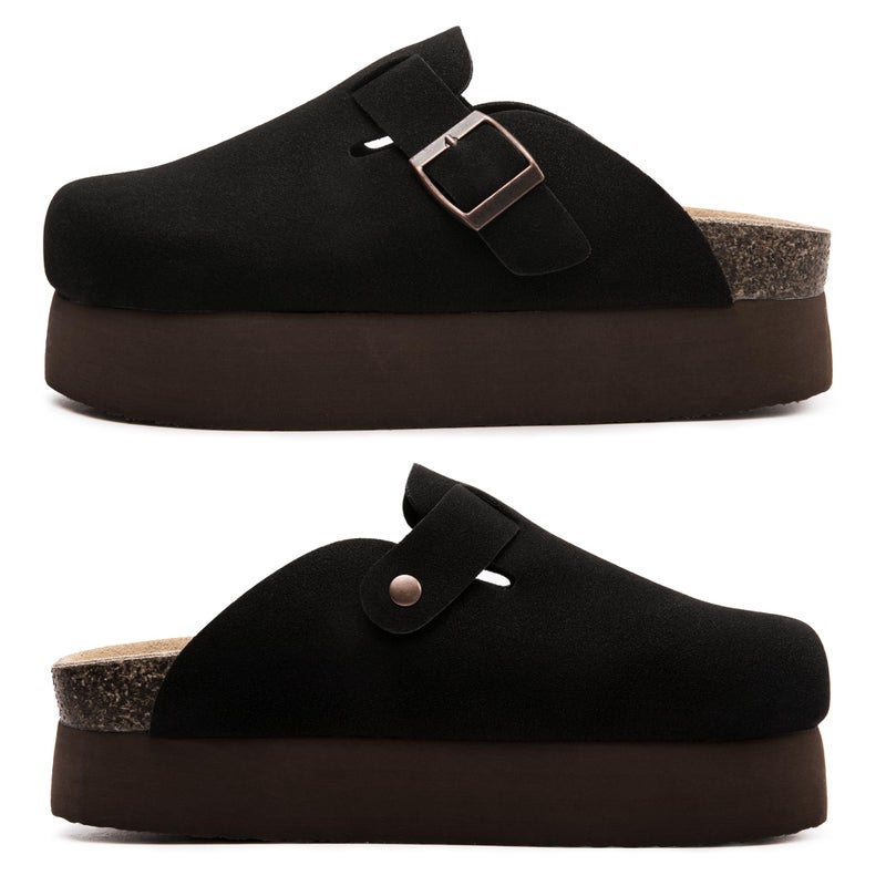 Vayfio Women's Suede Clogs Cork Footbed Sandals Comfort Platform Mules with Arch Support Adjustable Buckle Slip On Slippers Black US 09 - Image 2