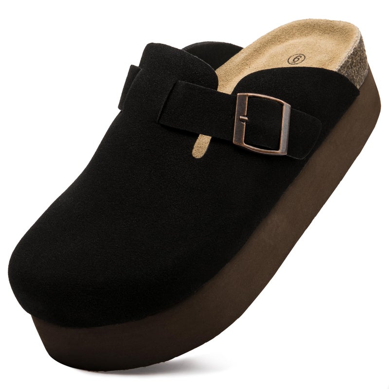 Vayfio Women's Suede Clogs Cork Footbed Sandals Comfort Platform Mules with Arch Support Adjustable Buckle Slip On Slippers Black US 09 - Image 1