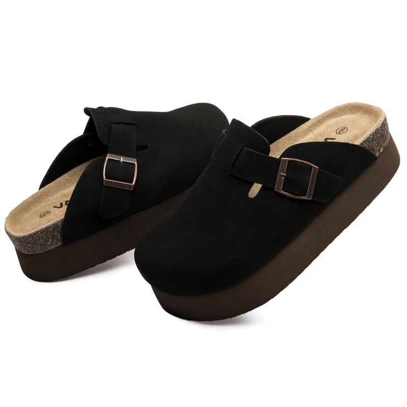 Vayfio Women's Suede Clogs Cork Footbed Sandals Comfort Platform Mules with Arch Support Adjustable Buckle Slip On Slippers Black US 09 - Image 5