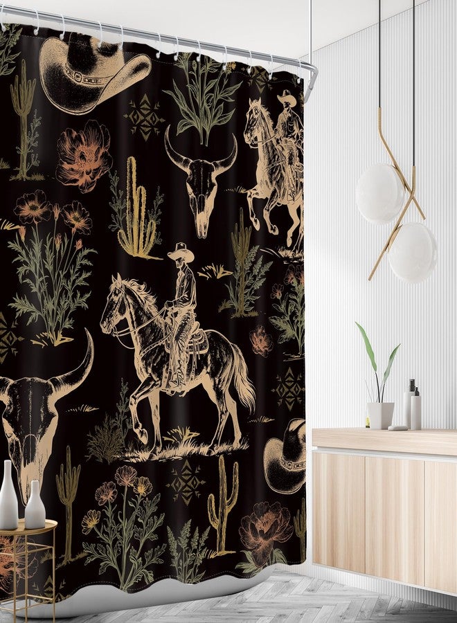AMBZEK Western Cowboy Black Shower Curtain 60Wx72L Inch Cactus Desert Cow Skull Bull Horse Country Rustic Farmhouse Dark Artwork Cloth Fabric Waterproof Polyester Bathroom Decor Set with 12 Pack Hook - Image 3