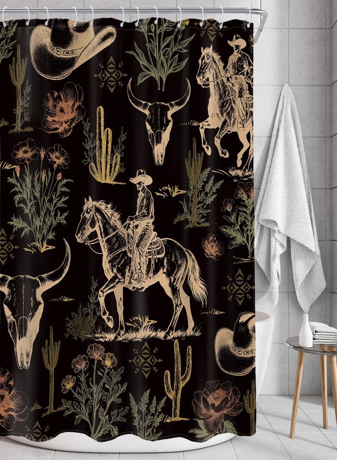 AMBZEK Western Cowboy Black Shower Curtain 60Wx72L Inch Cactus Desert Cow Skull Bull Horse Country Rustic Farmhouse Dark Artwork Cloth Fabric Waterproof Polyester Bathroom Decor Set with 12 Pack Hook - Image 2