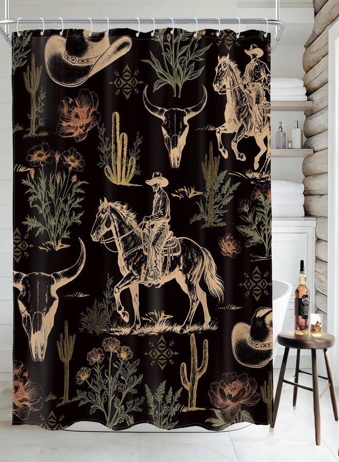 AMBZEK Western Cowboy Black Shower Curtain 60Wx72L Inch Cactus Desert Cow Skull Bull Horse Country Rustic Farmhouse Dark Artwork Cloth Fabric Waterproof Polyester Bathroom Decor Set with 12 Pack Hook - Image 1