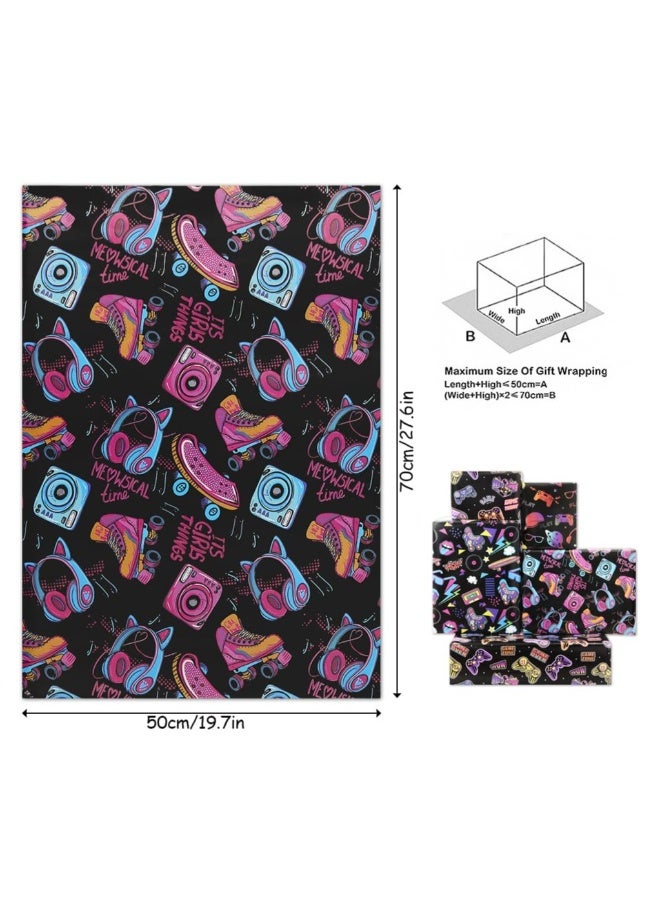 Gaming Wrapping Paper for Gift Boy Girl Kids, Hip-Hop Graffiti Video Game Electronic Music Birthday Wrapping Paper, 4 Sheets Folded Flat 50x70cm Gift Paper for 90s 80s Neon Retro Birthday Party - Image 3