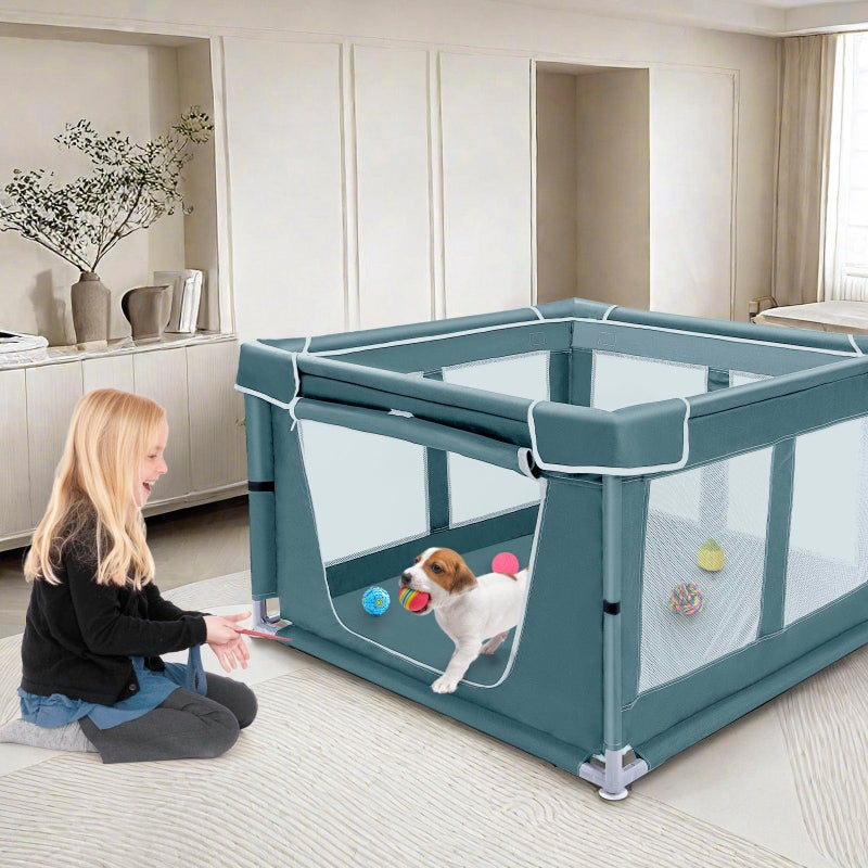 Zikopomi Dog Kitten Playpen with Cover, 42x42 x25.5 Puppy Playpen for Small Pet with See-Through Topper Proof, Green - Image 4