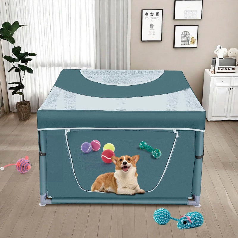Zikopomi Dog Kitten Playpen with Cover, 42x42 x25.5 Puppy Playpen for Small Pet with See-Through Topper Proof, Green - Image 5