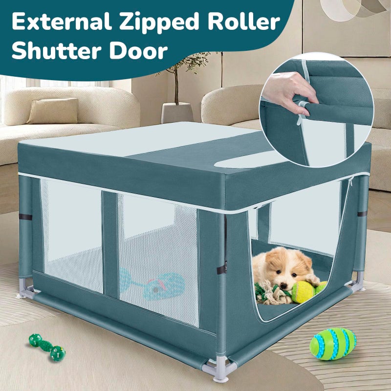 Zikopomi Dog Kitten Playpen with Cover, 42x42 x25.5 Puppy Playpen for Small Pet with See-Through Topper Proof, Green - Image 3
