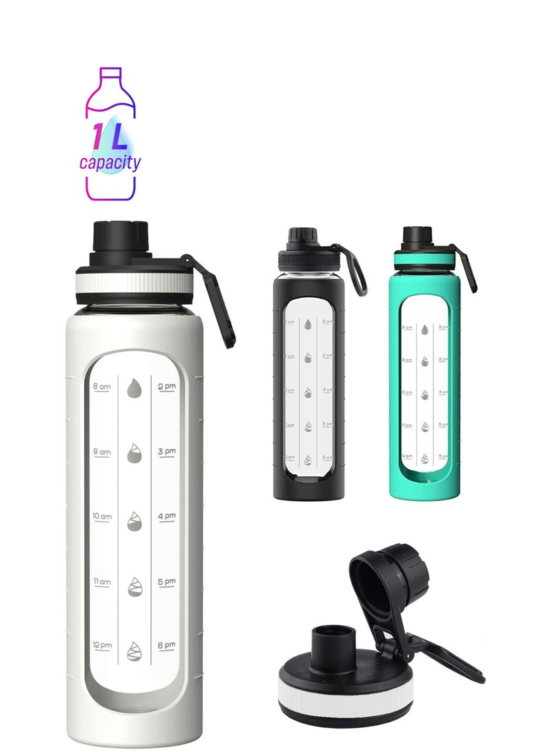 32 oz Glass Water Bottle with Time Marks and Silicone Sleeve - Flip Lid, Motivational Water Bottles for Hydration, Reusable, Wide Mouth, Leakproof, 1 Liter Glass Drinking Bottle, BPA Free - Image 1