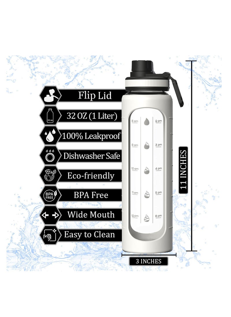 32 oz Glass Water Bottle with Time Marks and Silicone Sleeve - Flip Lid, Motivational Water Bottles for Hydration, Reusable, Wide Mouth, Leakproof, 1 Liter Glass Drinking Bottle, BPA Free - Image 2