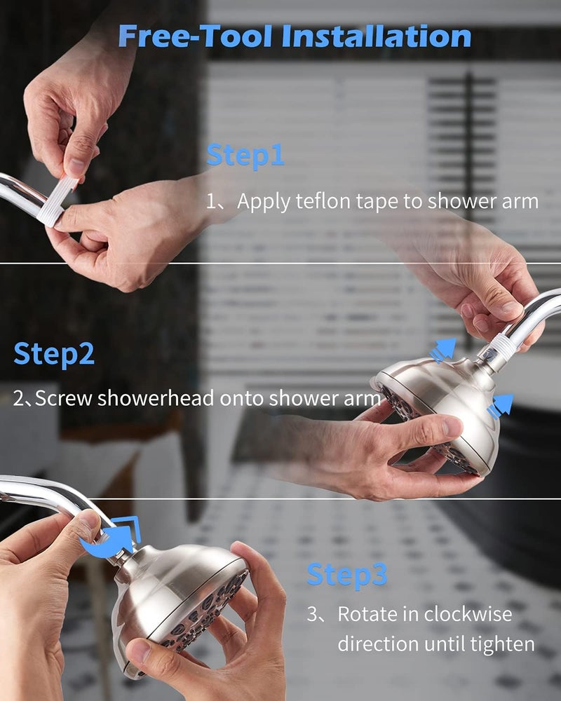 VMASSTONE High Pressure Shower Head 4.7" Rain Fixed Showerhead 7-Spray Setting with Adjustable Brass Swivel Ball Joint - Excellent Replacement for Your Bath Shower Head (FM-001 Brushed Nickel) - Image 5
