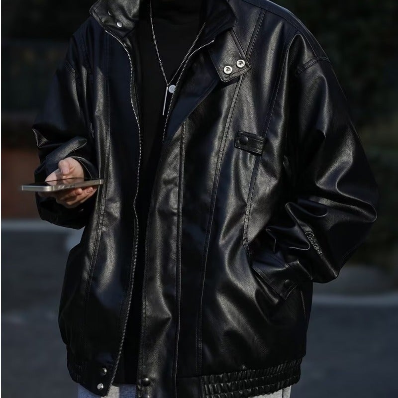 جاكيت دراجات نارية للرجال بتصميم قديم من جلد PU غير رسمي لخريف أسود