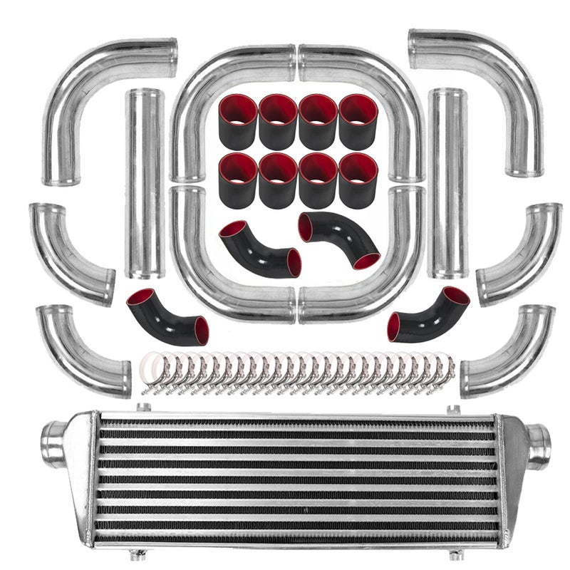 28x7x25 Universal Intercooler Piping Kit with Front Mount Intercooler 12pcs 25 Chrome Piping 12pcs Coupler Hoses 24pcs TBolt Clamps Silver Intercooler
