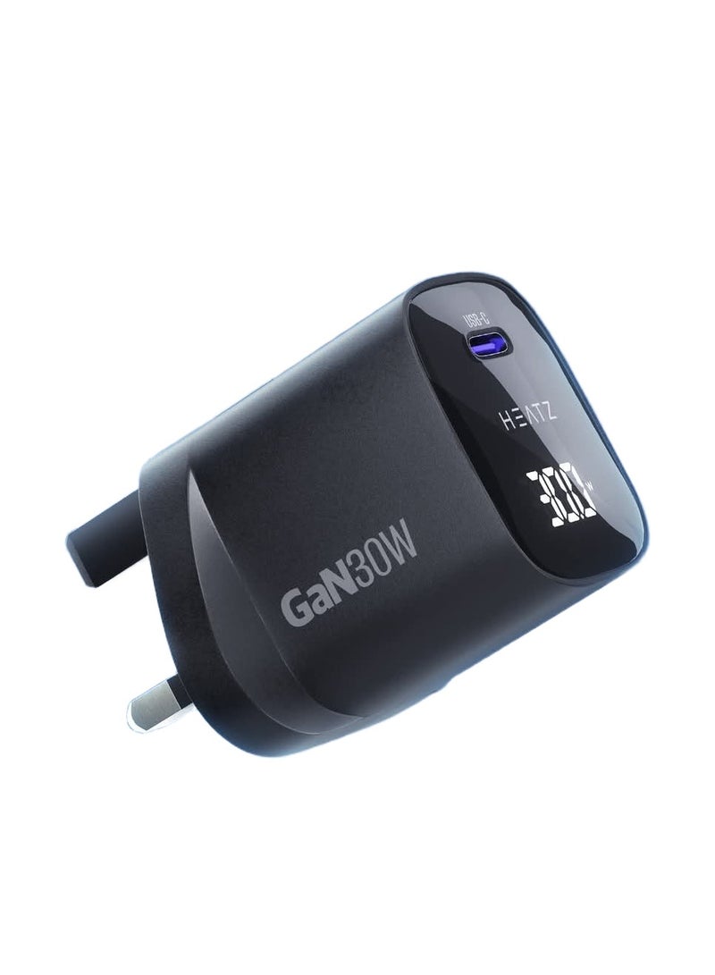 هيتز شاحن USB-C بقوة 30 واط بتقنية GaN مع كابل Type-C بقوة 60 واط، يعرض القدرة الحية، بتصميم صغير الحجم ومثالي للسفر. صغير الحجم، جريء في التصميم، ومصمم بكفاءة لتقنيات السفر. - Image 1