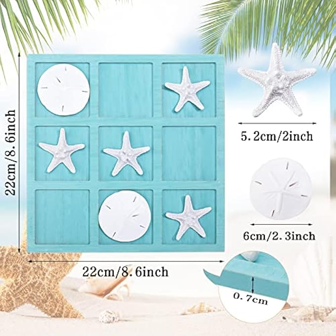 Sumind Beach House Decor Wooden Tic Tac Toe Game with Resin Seashell and Starfish Multilayer Tic Tac Toe Board Fun for Family Travel Beach Game 86 x 86 inchesBlue - Image 4