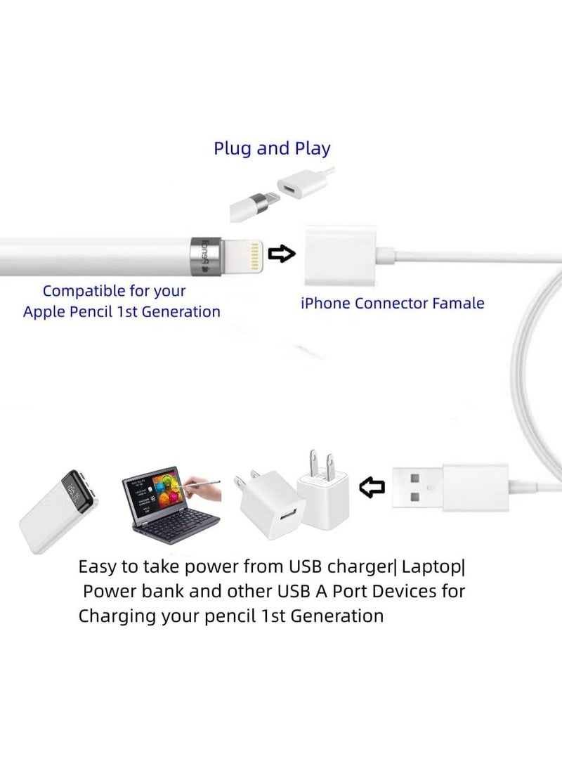 fantasize iPencil Charging Adapter, Compatible with Apple Pencil 1st Generation, 1FT iPencil Accessories for Apple 1 Pen Gen USB A to Ligntning Female Connector, White - Image 3